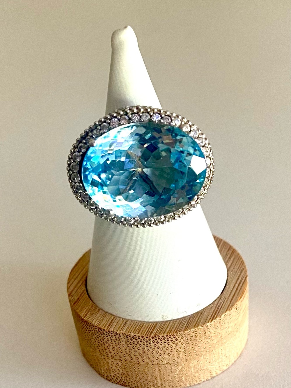 Large Sky Blue Topaz Cocktail Ring with White Topaz Accents